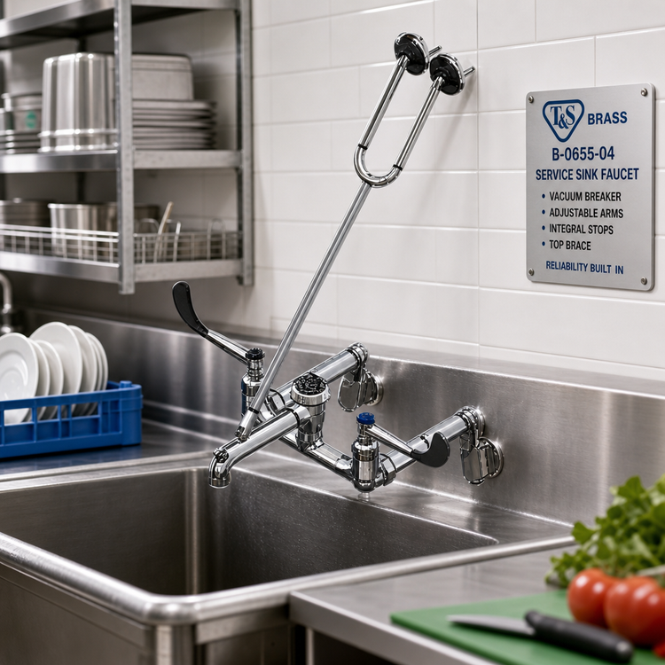 Product image #2 for T&S Brass B-0655-04 Service Sink Faucet with Vacuum Breaker, Adjustable Arms, Integral Stops, and Top Brace