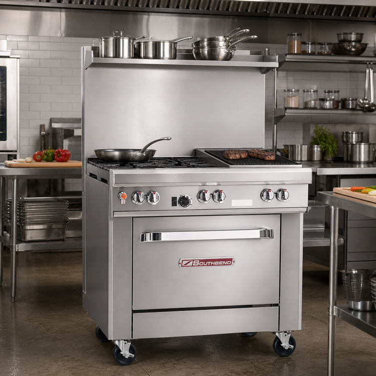 Product image #2 for Southbend Ultimate 36-Inch Gas Restaurant Range with 2 Open Burners, 24-Inch Charbroiler, Cabinet Base, and Hi Shelf