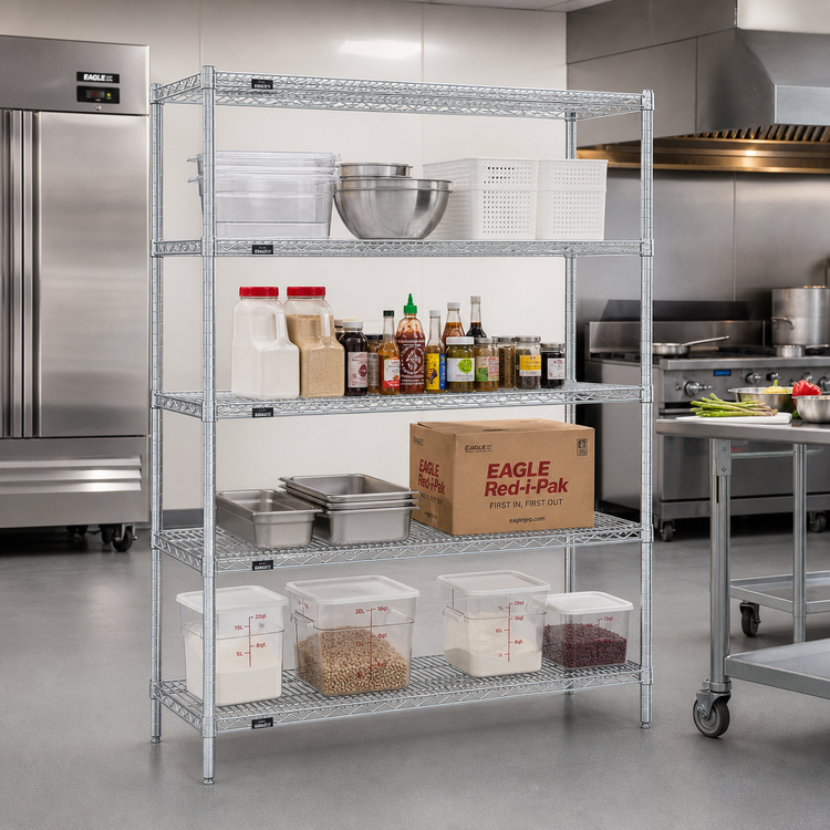 Product image #2 for EAGLEbrite Red-i-Pak 4-Tier Wire Shelving Unit, 60"W x 24"D x 74"H, Zinc Finish