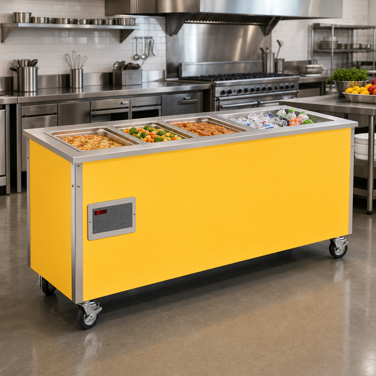 Product image #2 for 4-Series Signature Server Stainless Steel Countertop Modular Hot/Cold Food Station with 3 Hot Wells and Ice-Cooled Cold Pan, 74W x 28D x 30H