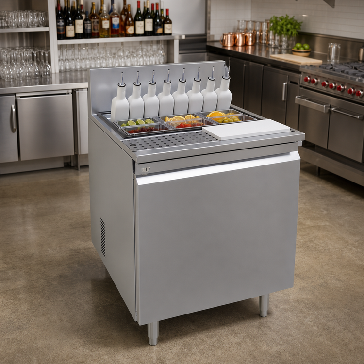 Product image #2 for Glastender 24-Inch One-Zone Self-Contained Cocktail Prep Cooler with Chilled Garnish Rail, Bottle Rail, and Drink Rail