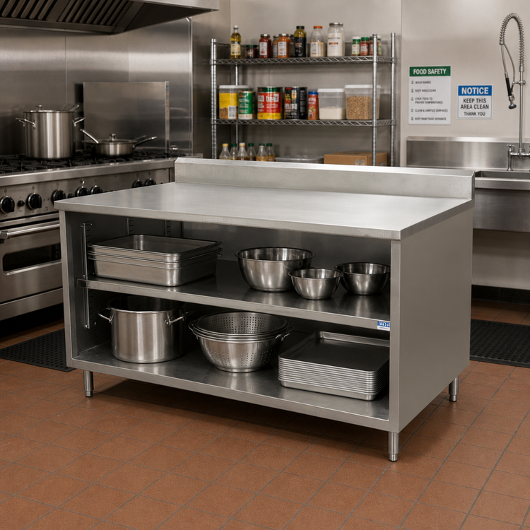 Product image #2 for 14-Gauge 304 Stainless Steel Chef Table with Open Front Cabinet Base and 5-Inch Backsplash, 48 x 36 Inches