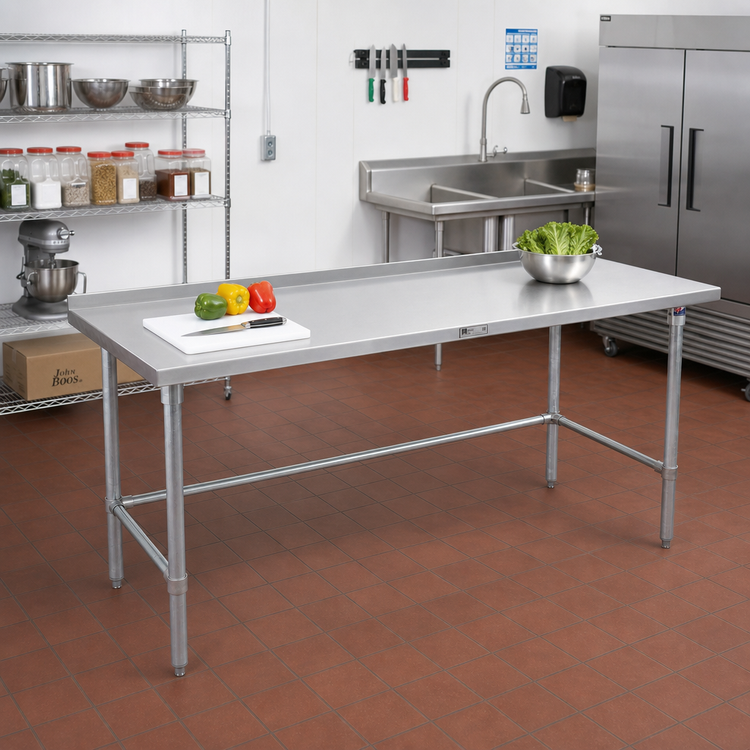 Product image #2 for John Boos Stallion 120" x 24" Stainless Steel Work Table with 1-1/2" Rear Up-Turn, Safety Edge, Open Base