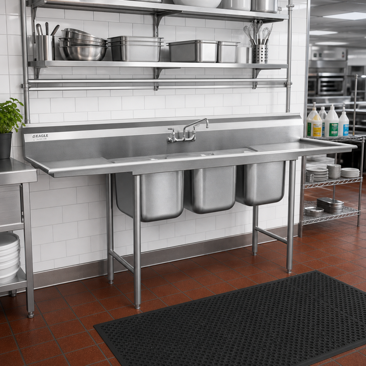 Product image #2 for Eagle Group 314 Series 90-Inch Three-Compartment Sink with Left and Right Drainboards