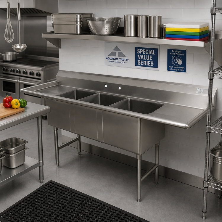Product image #2 for Advance Tabco Special Value Series 96-Inch 3-Compartment Fabricated Sink with Left and Right Drainboards