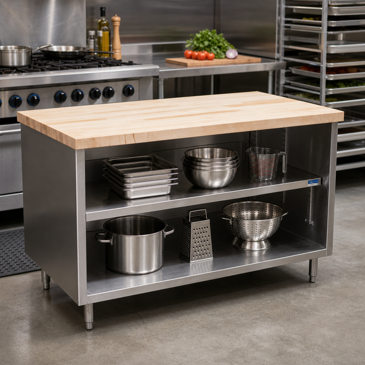 Product image #2 for BK Resources 60-Inch x 30-Inch Hard Maple Top Chef Table with Open Front Stainless Steel Cabinet Base