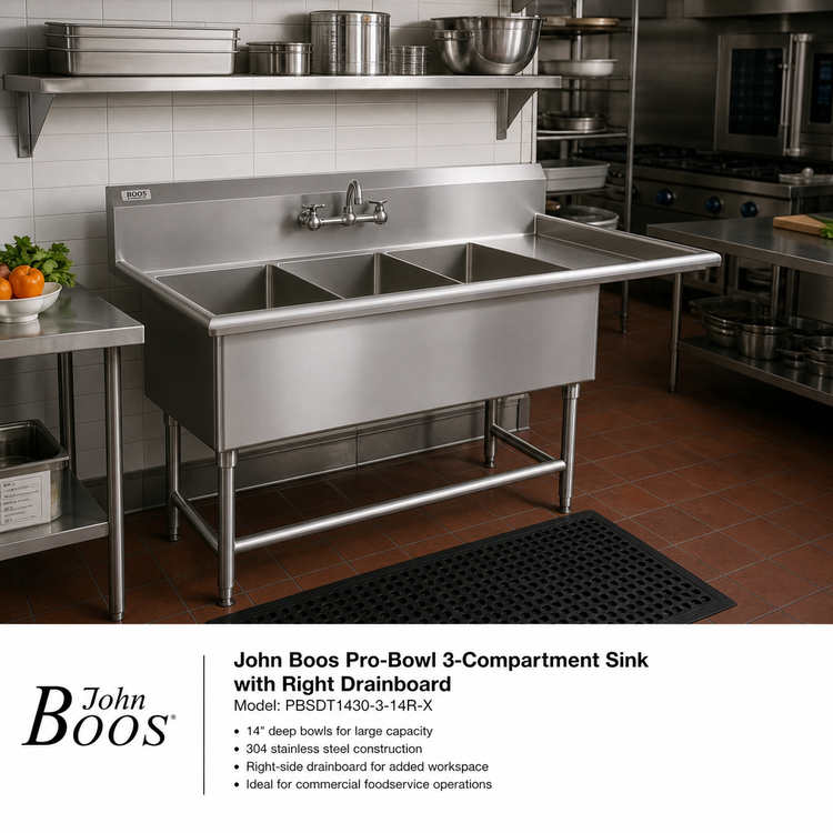 Product image #2 for John Boos Pro-Bowl 3-Compartment Sink with 30-Inch Right Drainboard, 14-Inch Deep Bowls