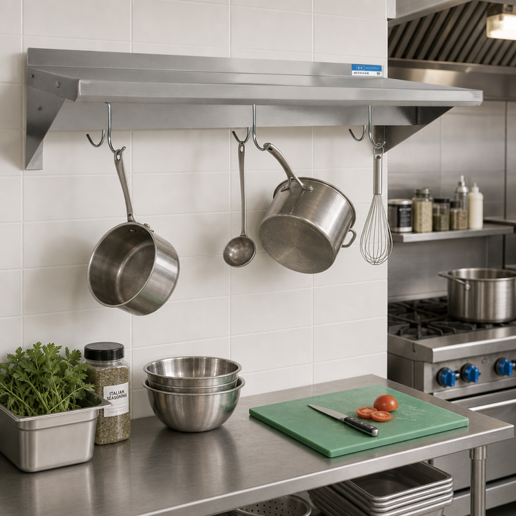 Product image #2 for BK Resources 36" x 14" Wall-Mount 16-Gauge 304 Stainless Steel Overshelf with Pot Rack