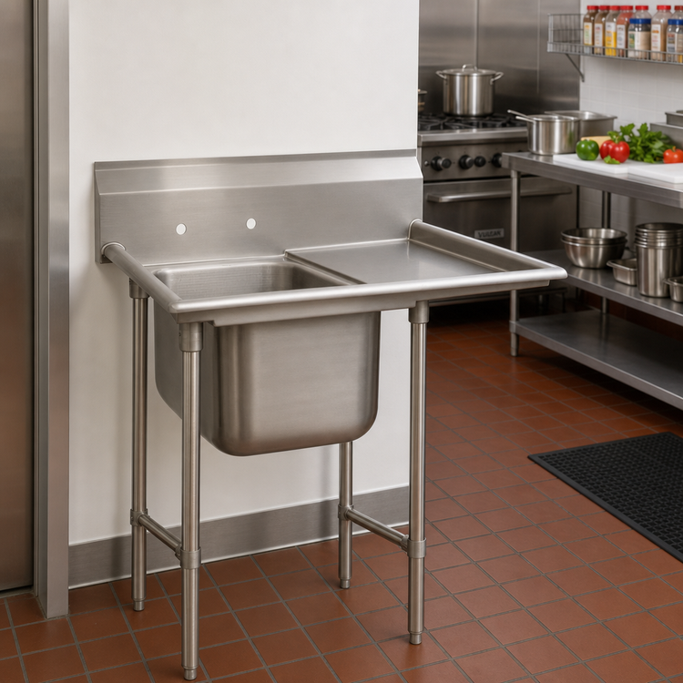 Product image #2 for Advance Tabco Special Value Regaline Commercial 1-Compartment Sink with Right-Hand Drainboard, 16 x 20 x 12-Inch Bowl, 18-Gauge 304 Stainless Steel