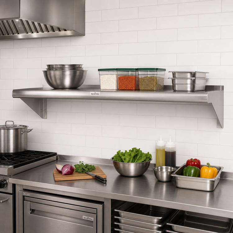 Product image #2 for Special Value Wall-Mounted Stainless Steel Shelf, 60 Inch x 15 Inch, Bullnose Edge