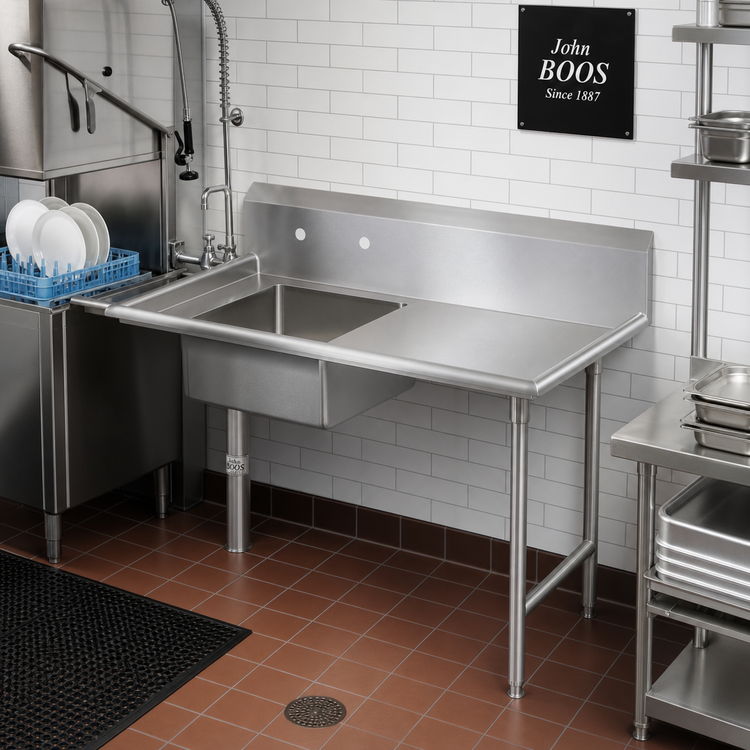 Product image #2 for John Boos 48 Inch x 30 Inch Soiled Straight Dish Table with Right-to-Left Operation and 20 Inch x 20 Inch x 8 Inch Pre-Rinse Sink