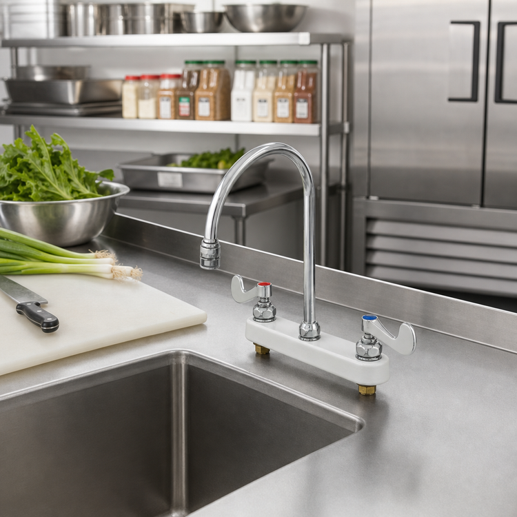 Product image #2 for T&S Brass B-1120-135X-WH4 Deck-Mount Workboard Faucet, 8-Inch Centers, 8-13/16-Inch Swivel Gooseneck, Wrist Handles