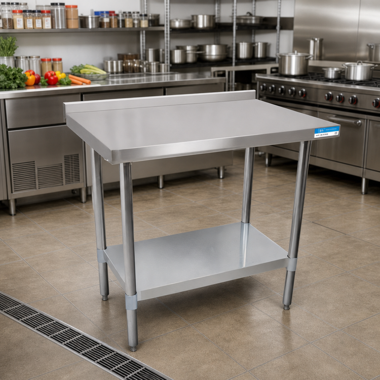 Product image #2 for BK Resources 48" x 30" 18-Gauge 430 Stainless Steel Work Table with 1-1/2" Rear Riser and Galvanized Undershelf