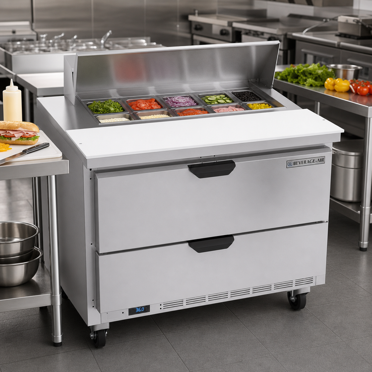 Product image #3 for Beverage-Air 36-Inch Sandwich Prep Table with 2 Drawers, 8-Pan Top and Self-Contained R290 Refrigeration