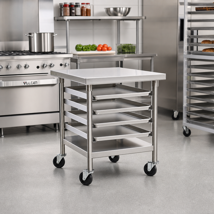 Product image #2 for Eagle Group Mobile Stainless Steel Equipment Stand with 5-Pan Rack and Undershelf, 27-1/8" x 31-1/8" x 34"