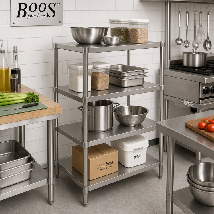Product image #2 for John Boos Stainless Steel Stationary Dry Storage Shelving Unit with 2 Adjustable Shelves, 30 x 18 x 36 Inches