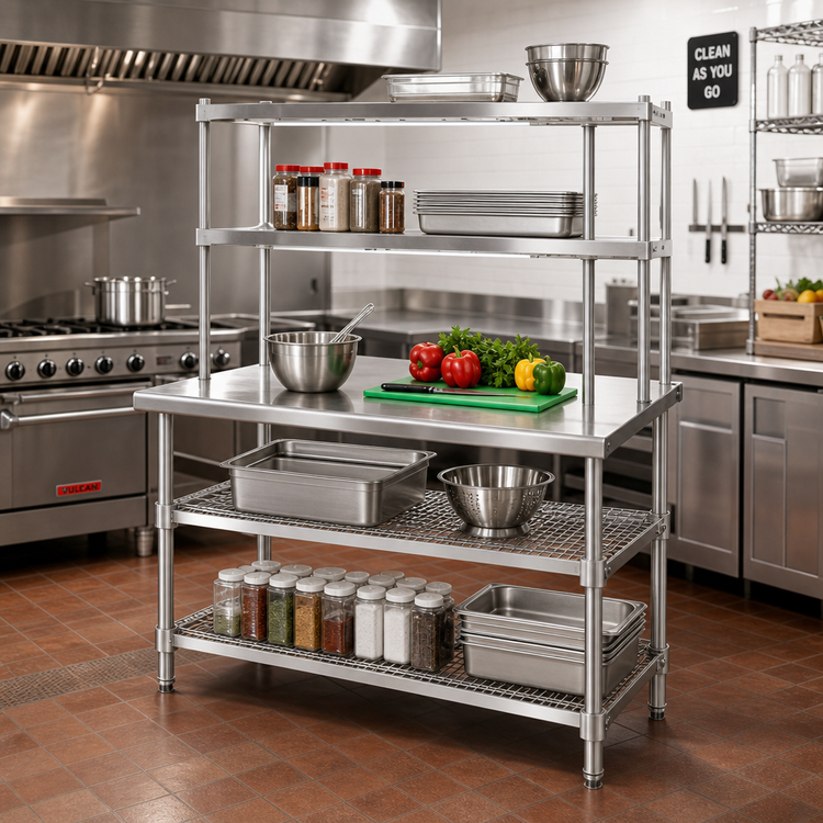 Product image #2 for Eagle Group AdjusTable Heavy-Duty Two-Tier Stainless Steel Work Table with Double Overshelf, 48" W x 24" D