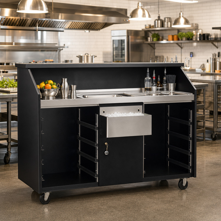 Product image #2 for Deluxe 63-Inch Black Portable Bar with Ice Bin, Two Locking Cabinets, and Dual Speed Rails