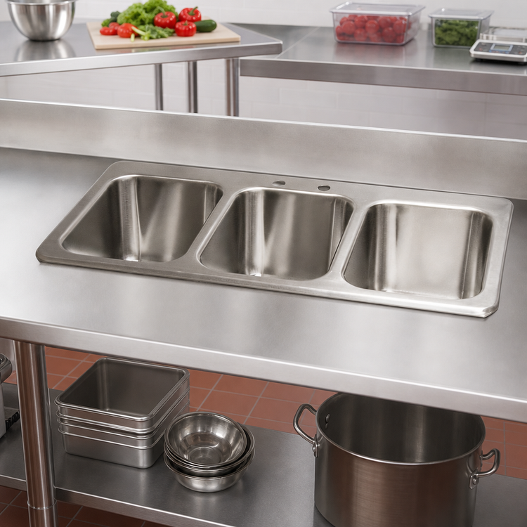 Product image #2 for BK Resources Deep Drawn 3-Compartment Drop-In Sink, 35-3/4" x 18-1/2" x 10"