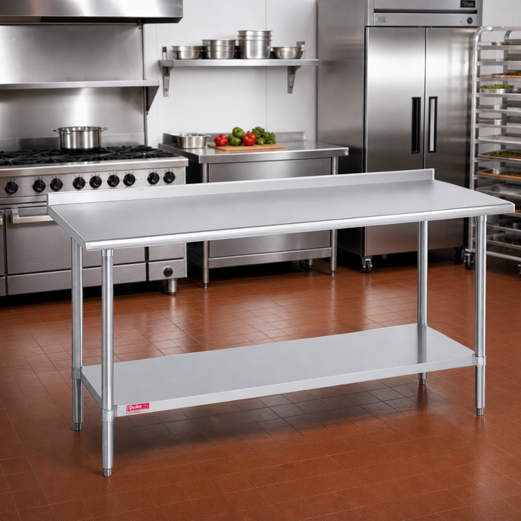Product image #2 for Duke 144-Inch Long x 36-Inch Deep 16-Gauge 400 Series Stainless Steel Work Table with 1-1/8-Inch Riser and Galvanized Undershelf