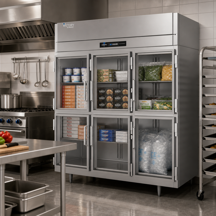 Product image #3 for Victory UltraSpec Three-Section Reach-In Freezer with 6 Half-Height Glass Doors, 70.1 Cu. Ft., Self-Contained Top-Mounted Refrigeration