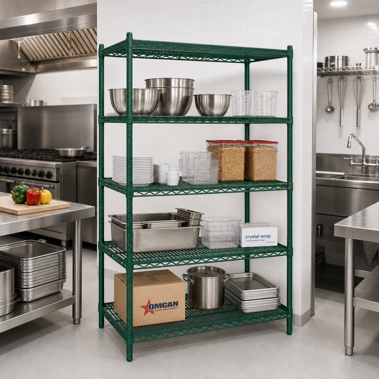 Product image #2 for Omcan USA 60-Inch Wide 4-Shelf Stationary Wire Shelving Unit, 24-Inch Deep, Epoxy-Coated Green