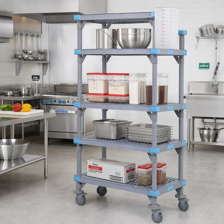 Product image #2 for Millenia Mobile Polymer Starter Shelving Unit with 4 Open Grid Shelves, 60W x 21D x 86H, Gray