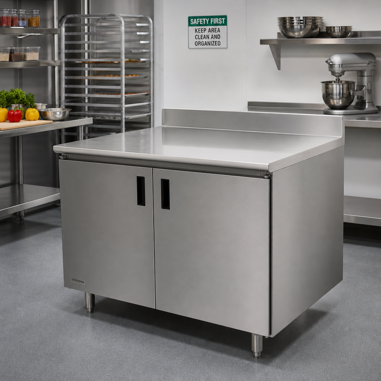 Product image #2 for Advance Tabco Special Value Enclosed Work Table with Cabinet Base and Hinged Doors, 120 in. W x 30 in. D, 16-Gauge 304 Stainless Steel Top, 5 in. Backsplash