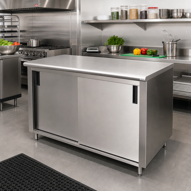 Product image #2 for Advance Tabco 84-Inch x 36-Inch Enclosed Work Table with Sliding Doors and Mid-Shelf