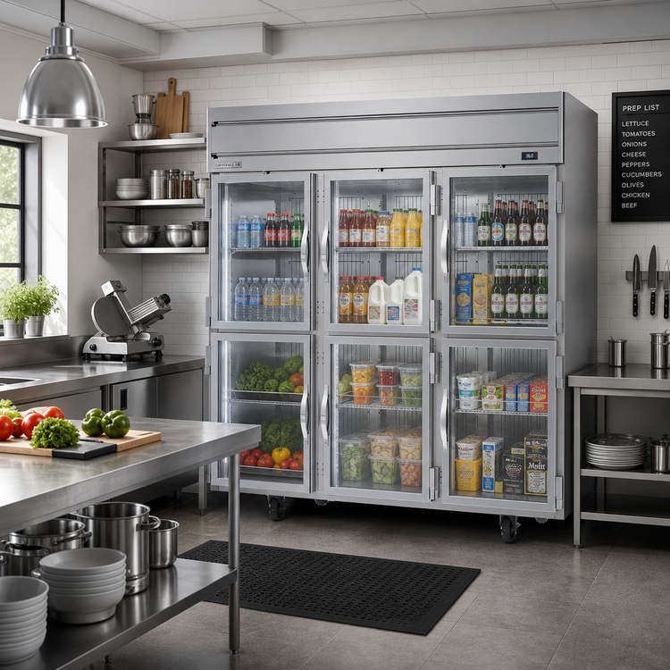 Product image #2 for Beverage-Air Horizon Series 3-Section Top-Mount Self-Contained Half-Glass Reach-In Refrigerator, 71.52 Cu. Ft.