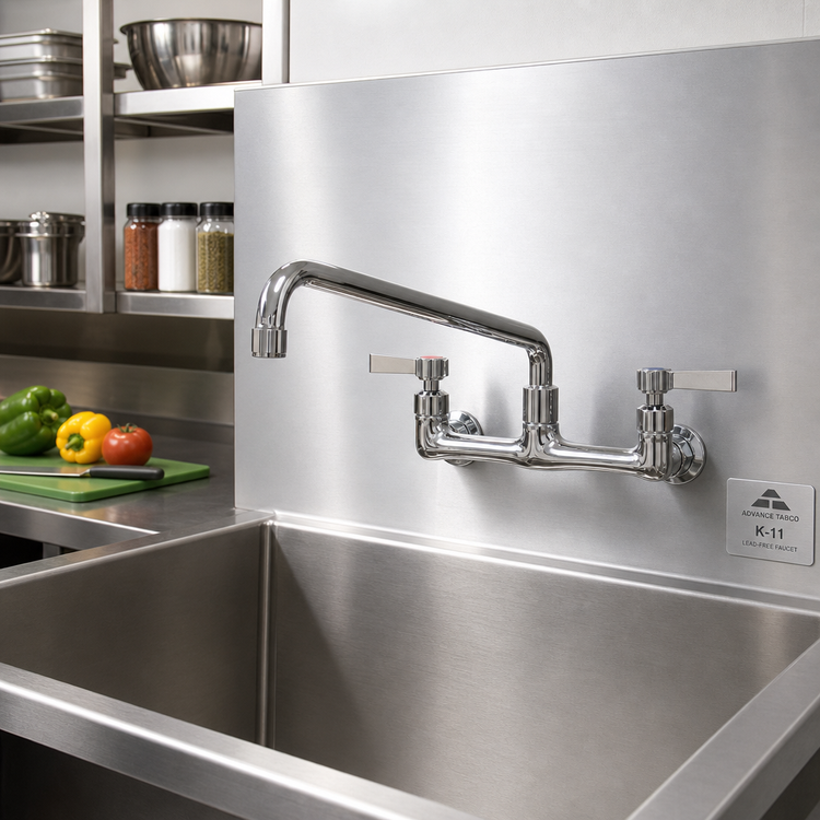 Product image #3 for Advance Tabco K-11 Lead-Free 8-Inch Center Backsplash-Mounted Faucet with 14-Inch Swing Spout