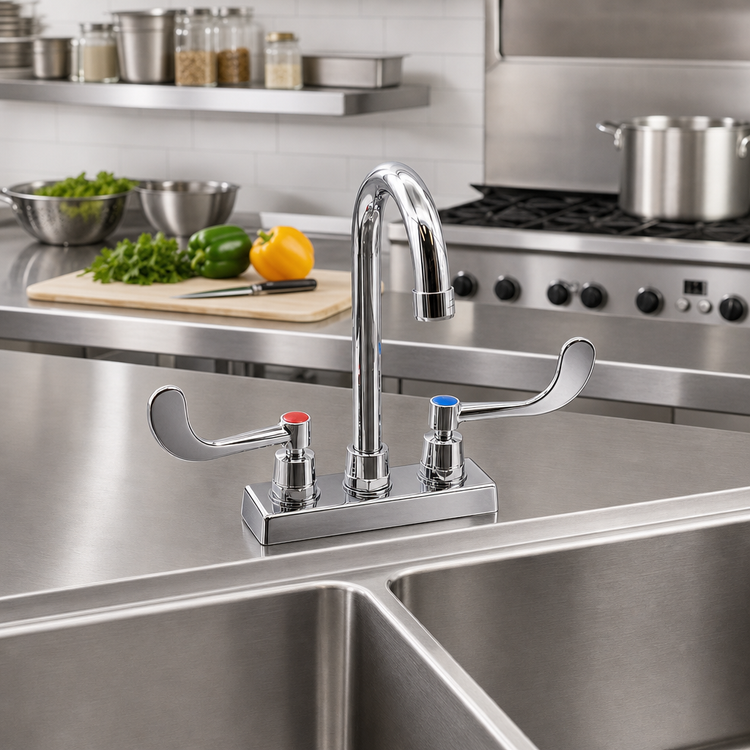 Product image #3 for Advance Tabco K-56 Heavy Duty 4" OC Deck-Mounted Gooseneck Faucet with Wrist Handles