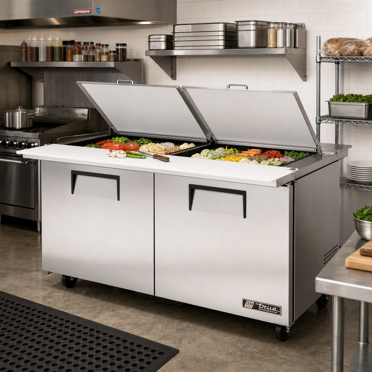 Product image #2 for True Dual-Sided Mega-Top Solid Door Sandwich/Salad Prep Table, 60-3/8 Inches Wide, 2-Section, R290