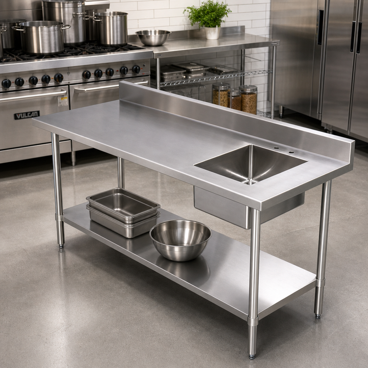 Product image #2 for 72 Inch x 30 Inch 16-Gauge 304 Stainless Steel Sink Table with Right-Side Prep Sink and Undershelf