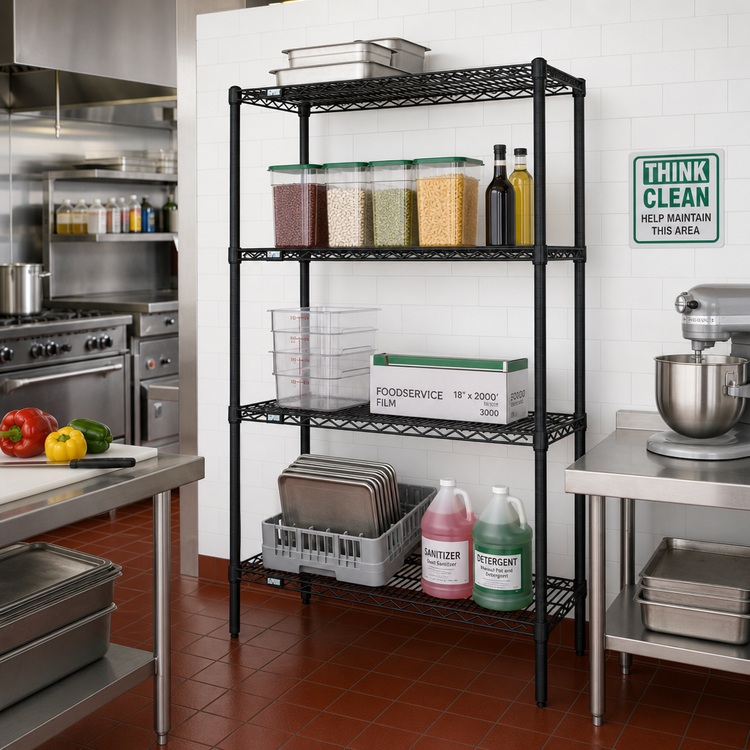 Product image #2 for Quantum Wire Shelving Starter Kit, 24 x 14 x 74 Inches, 4 Shelves and 4 Posts, Black Epoxy Antimicrobial Finish