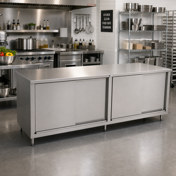 Product image #2 for John Boos Stainless Steel Enclosed Work Table with Sliding Doors, 96"W x 36"D, Flat Top
