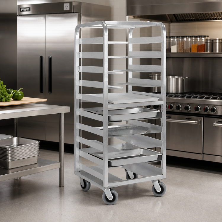 Product image #2 for FWE Mobile Oval Tray Rack, Aluminum, 10-Tray Capacity