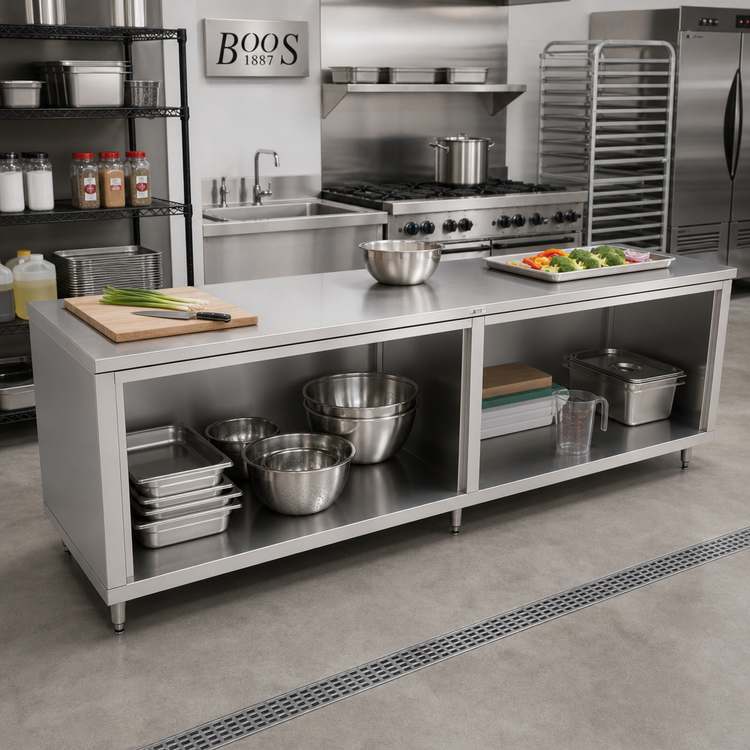 Product image #2 for John Boos 120-Inch x 24-Inch Open Front Stainless Steel Modular Base Work Table with 16-Gauge Top
