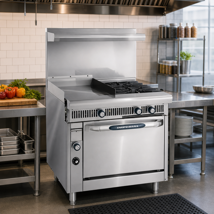Product image #2 for Imperial Spec Series Heavy Duty 36-Inch Gas Range with 18-Inch Thermostatic Griddle, 2 Open Burners, and Standard Oven
