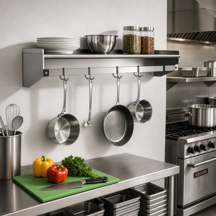 Product image #2 for Eagle Group 36-Inch x 15-Inch Wall-Mounted Stainless Steel Pot Rack Wall Shelf with 3 Hooks