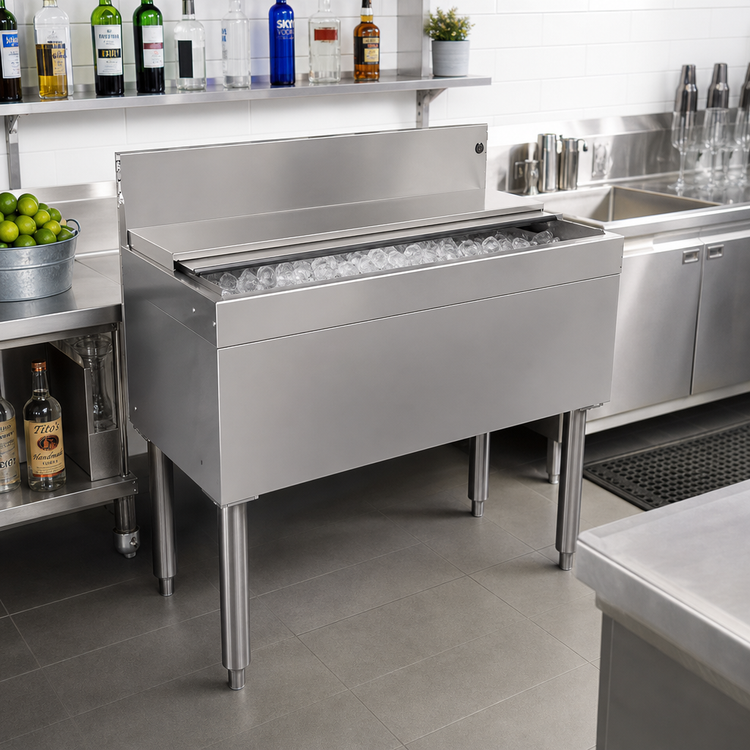 Product image #2 for Glastender Underbar Stainless Steel Ice Bin with Sliding Cover, 36 Inch W x 19 Inch D, 100 lb Capacity