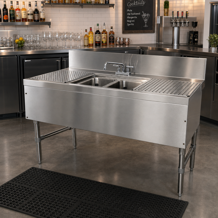 Product image #2 for Advance Tabco Prestige 48-Inch Two-Compartment Underbar Bar Sink with Dual Drainboards and Deck-Mount Faucet