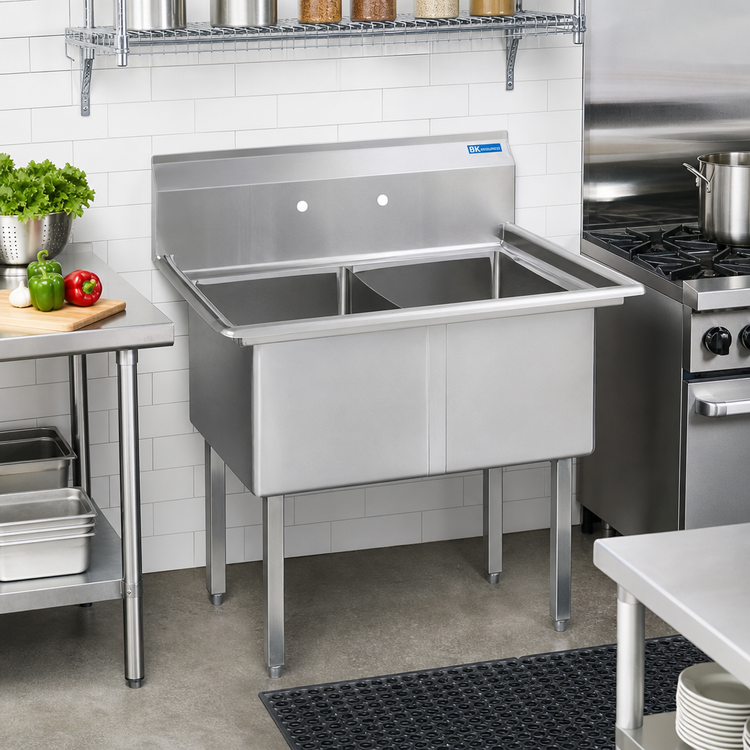 Product image #2 for BK Resources Two Compartment Stainless Steel Sink, 53 Inch Wide, 24 x 24 x 14 Inch Bowls, No Drainboards