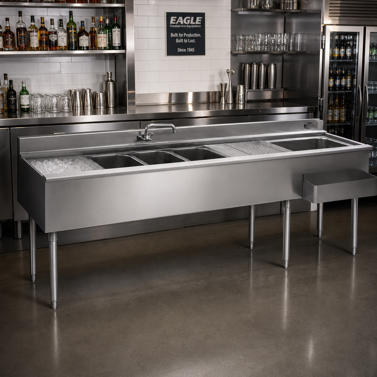 Product image #2 for Eagle 2200 Series 8-Foot Underbar Combination Unit with Left Ice Bin, 3 Sink Bowls and Drainboards
