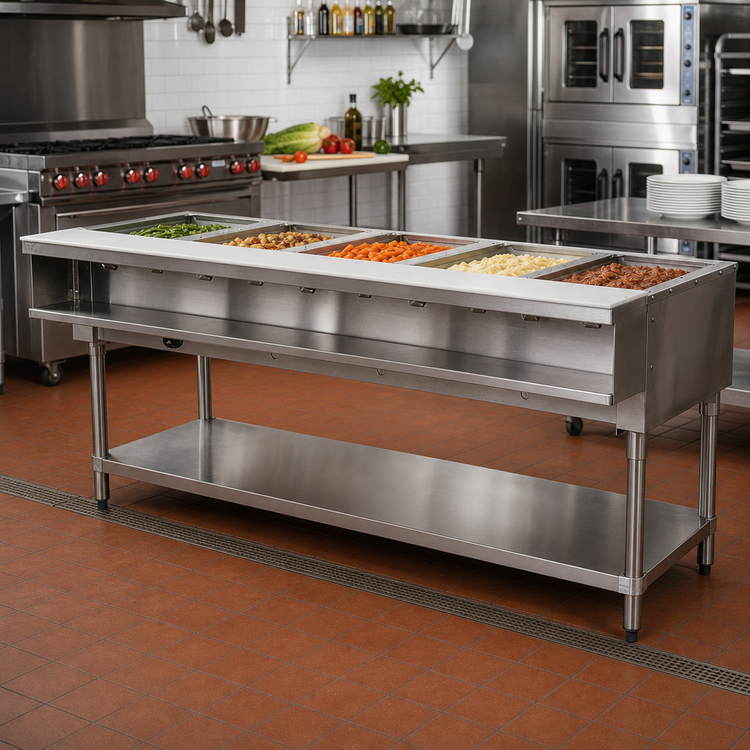 Product image #2 for Advance Tabco Triumph Supreme 5-Well Natural Gas Water Bath Hot Food Table with Open Base and Undershelf