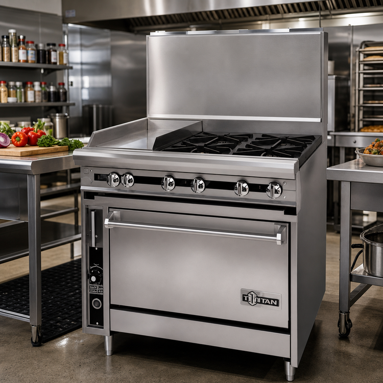 Product image #2 for Titan JTRH-4-1HT-36C Heavy Duty 36" Gas Range with 4 Open Burners, 1 Hot Top, and Convection Oven
