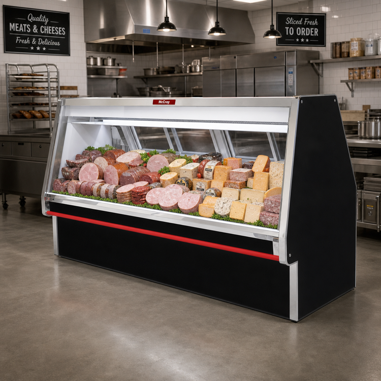 Product image #2 for Howard-McCray 34E Series Endless Design Full-Service Straight Glass Remote Double Duty Deli Meat & Cheese Service Case, 148-1/2-Inch, Black Exterior / White Interior, LED