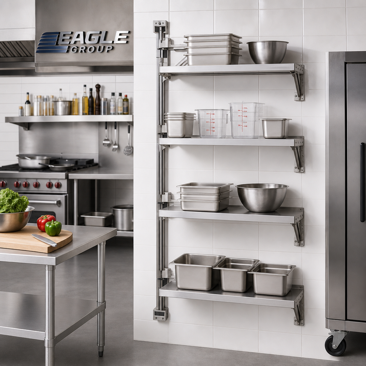 Product image #2 for Eagle Group Adjustable Post Wire Wall Mount Mid Unit for 24-Inch Shelves, Stainless Steel, 63-Inch Post