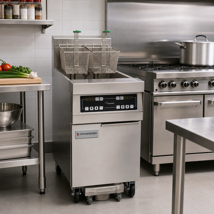 Product image #2 for Frymaster RE High Efficiency 80 lb Electric Floor Model Fryer with Built-In Filtration and Open-Pot Design, 17 kW