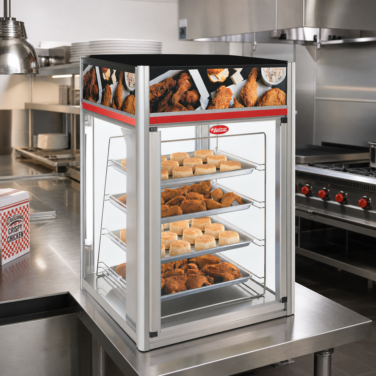 Product image #2 for Hatco Flav-R-Savor 2-Door Countertop Humidified Holding and Display Cabinet with 4-Tier Pan Rack, No Motor, LED Lighting